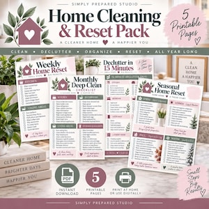 May include: A set of five printable home cleaning and reset checklists featuring a house icon with a heart. The pages include a Weekly Home Reset, Monthly Deep Clean, 15-minute declutter ideas, and a Seasonal Home Reset with text in English.