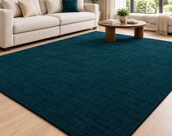 Handgetufteter Wollteppich, tiefblauer Teppich, moderner minimalistischer Wohnzimmerteppich