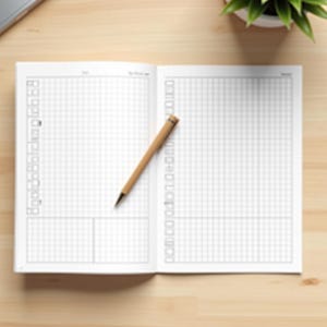 Puede incluir: Un cuaderno abierto con páginas blancas que presentan un patrón de cuadrícula, una columna vertical de casillas de verificación en el lado izquierdo de cada página y dos cajas rectangulares en la parte inferior. Un lápiz de madera marrón claro descansa en diagonal.