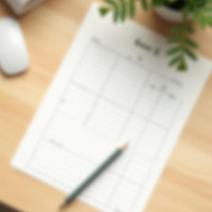May include: A white rectangular sheet of paper featuring a printed grid layout for scheduling or planning, positioned on a light-coloured surface with a dark pencil resting diagonally across the centre of the document.