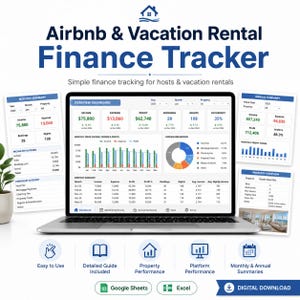 Puede incluir: Un rastreador financiero digital para Airbnb y alquileres vacacionales en la pantalla de una computadora portátil, con un panel de control de ingresos, gastos y ganancias, además de resúmenes mensuales y anuales para la gestión.