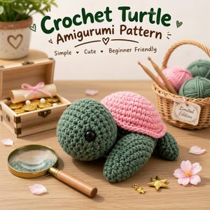 May include: A crochet turtle amigurumi with a dark green body and a light pink shell. The image features text reading Crochet Turtle Amigurumi Pattern, Simple, Cute, Beginner Friendly, and Limited Edition on a tag attached to a yarn basket.