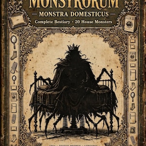 May include: A book cover titled CODEX NATURALIS MONSTRORUM MONSTRA DOMESTICUS Complete Bestiary 20 House Monsters. The center features a dark, multi-legged creature wearing a crown on a bed. The border contains icons of household items.