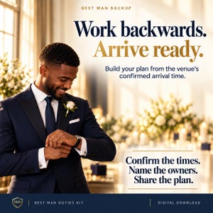 May include: A digital download titled Best Man Backup featuring text: Work backwards. Arrive ready. Build your plan from the venue's confirmed arrival time. Confirm the times. Name the owners. Share the plan. Best Man Duties Kit. BMB logo included.