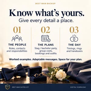 May include: A digital download titled Best Man Backup featuring a guide with three sections: 01 The People, 02 The Plans, and 03 The Day. Below, a navy blue bowtie, cufflinks in a velvet box, and a white rose boutonniere are displayed.
