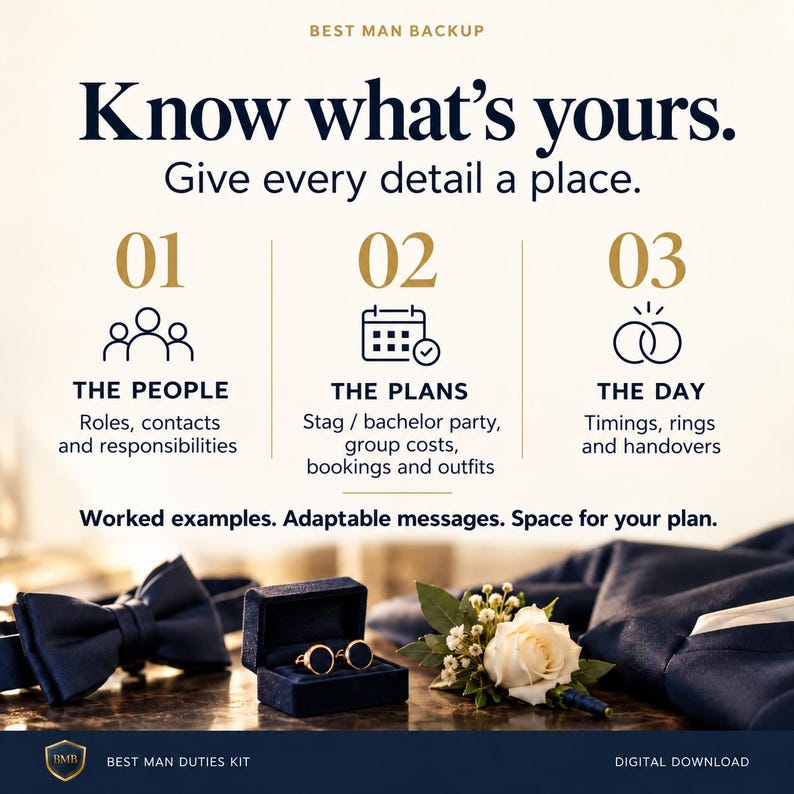 May include: A digital download titled Best Man Backup featuring a guide with three sections: 01 The People, 02 The Plans, and 03 The Day. Below, a navy blue bowtie, cufflinks in a velvet box, and a white rose boutonniere are displayed.
