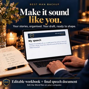 Op de afbeelding: Een laptopscherm toont een Best Man Speech Kit-document met de tekst My speech en een schrijfinstructie. Naast de laptop ligt een notitieboek met handgeschreven notities en een zwarte pen, alles tegen een donkere achtergrond.
