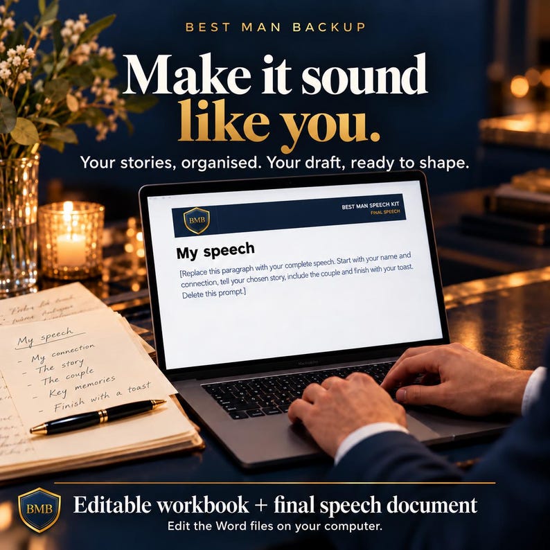 Op de afbeelding: Een laptopscherm toont een Best Man Speech Kit-document met de tekst My speech en een schrijfinstructie. Naast de laptop ligt een notitieboek met handgeschreven notities en een zwarte pen, alles tegen een donkere achtergrond.