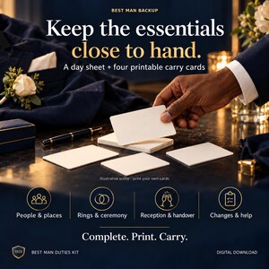 May include: A Best Man Duties Kit digital download featuring a day sheet and four printable carry cards. The text reads: Best Man Backup, Keep the essentials close to hand, A day sheet + four printable carry cards, Complete. Print. Carry.