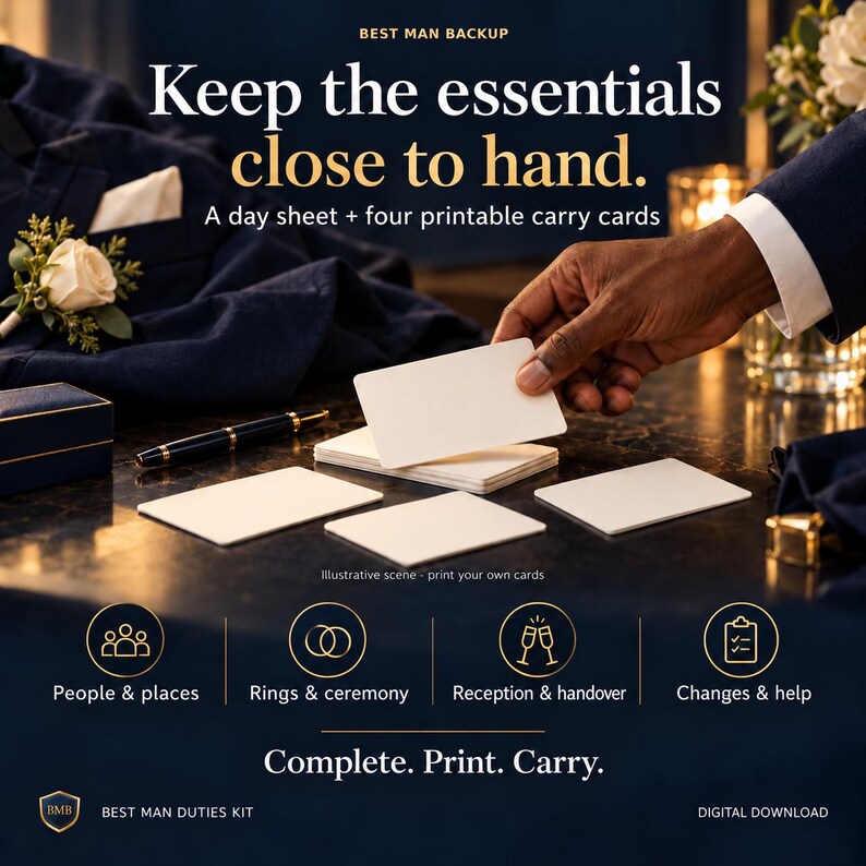 May include: A Best Man Duties Kit digital download featuring a day sheet and four printable carry cards. The text reads: Best Man Backup, Keep the essentials close to hand, A day sheet + four printable carry cards, Complete. Print. Carry.