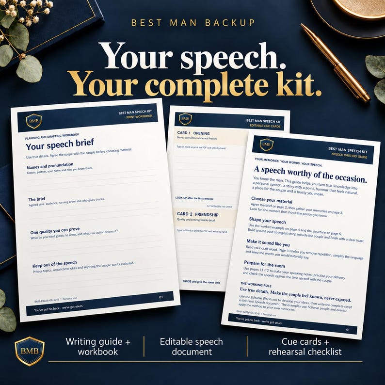 Op de afbeelding: Een speechkit voor de getuige met een gedrukt werkboek, bewerkbare spiekbriefjes en een schrijfgids. De documenten zijn wit met donkerblauwe koppen en gouden schildlogo's, voorzien van tekstprompts voor het plannen, schrijven en oefenen van een speech.