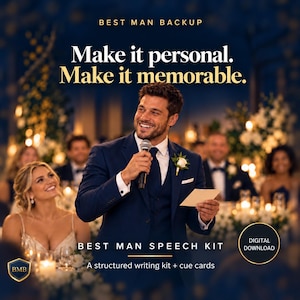 Op de afbeelding: Een Best Man Speech Kit digitale download met een gestructureerde schrijfhulp en cuecards. De tekst luidt: Best Man Backup, Make it personal. Make it memorable. Best Man Speech Kit, A structured writing kit + cue cards.