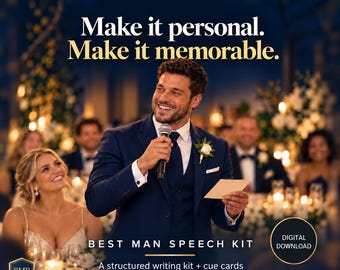 May include: A Best Man Speech Kit digital download featuring a structured writing kit and cue cards. The text reads: Best Man Backup, Make it personal. Make it memorable. Best Man Speech Kit, A structured writing kit + cue cards.
