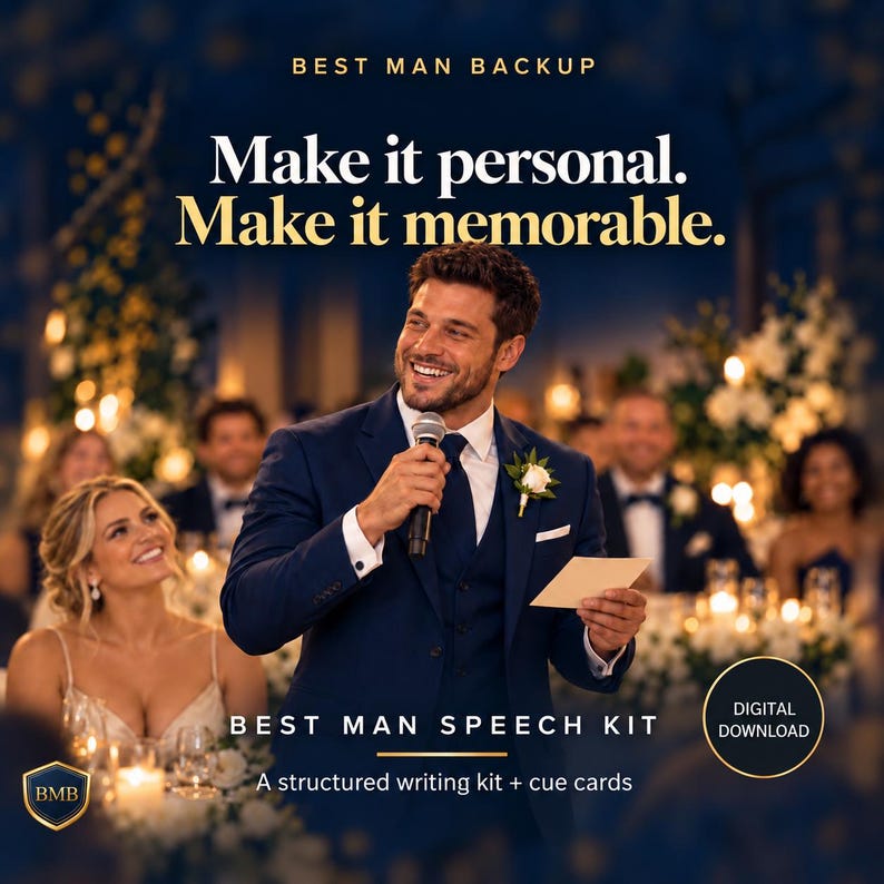 Op de afbeelding: Een Best Man Speech Kit digitale download met een gestructureerde schrijfhulp en cuecards. De tekst luidt: Best Man Backup, Make it personal. Make it memorable. Best Man Speech Kit, A structured writing kit + cue cards.