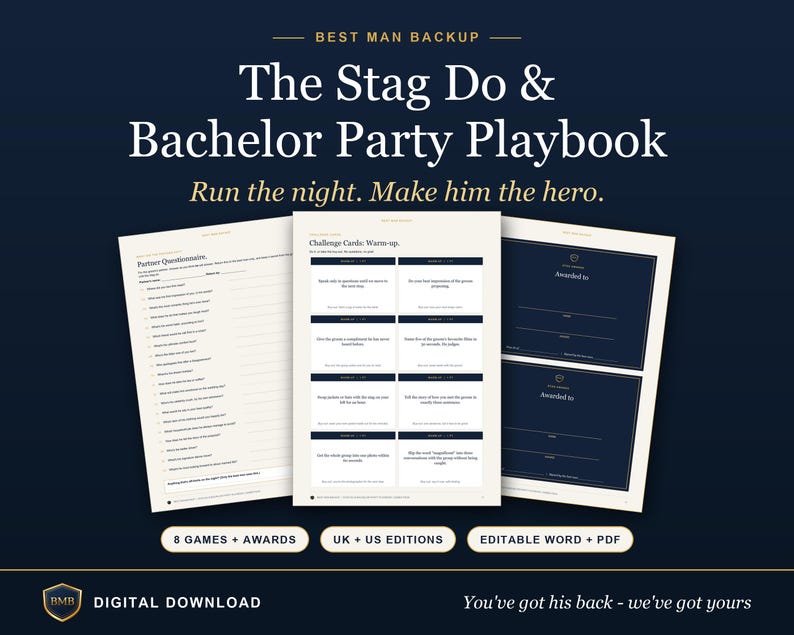 Stag Do Games, Bachelor Party & Bucks Party Games, Groom Quiz, Challenge Cards, Awards, Editable Word + PDF, UK and US Editions imagen 1