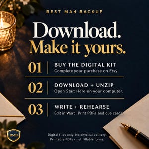 Op de afbeelding: Een digitale instructieafbeelding met de titel BEST MAN BACKUP en de tekst Download. Make it yours. Het bevat drie stappen: 01 BUY THE DIGITAL KIT, 02 DOWNLOAD + UNZIP en 03 WRITE + REHEARSE. Inclusief een BMB-schildlogo, een kaars en een pen.