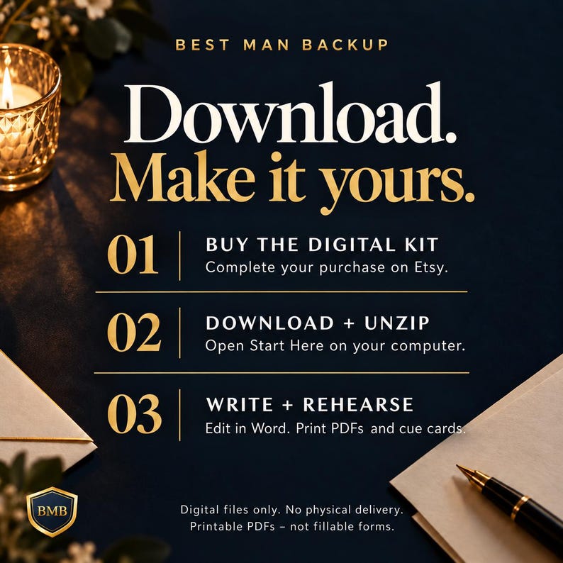 Op de afbeelding: Een digitale instructieafbeelding met de titel BEST MAN BACKUP en de tekst Download. Make it yours. Het bevat drie stappen: 01 BUY THE DIGITAL KIT, 02 DOWNLOAD + UNZIP en 03 WRITE + REHEARSE. Inclusief een BMB-schildlogo, een kaars en een pen.