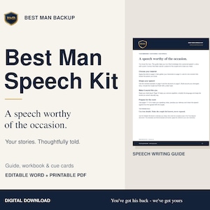 Può includere: Un kit per il discorso del testimone in download digitale che include una guida alla scrittura, un quaderno di esercizi e schede di suggerimenti. Il documento presenta il testo Best Man Speech Kit, A speech worthy of the occasion e Your stories. Thoughtfully told, in formato Word modificabile e PDF stampabile.