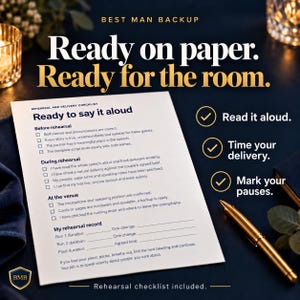 Op de afbeelding: Een wit blad met een repetitie- en leveringschecklist getiteld Ready to say it aloud met secties voor voorbereiding, uitvoering en locatie. Een gouden pen ligt naast het papier op een donkerblauw oppervlak.