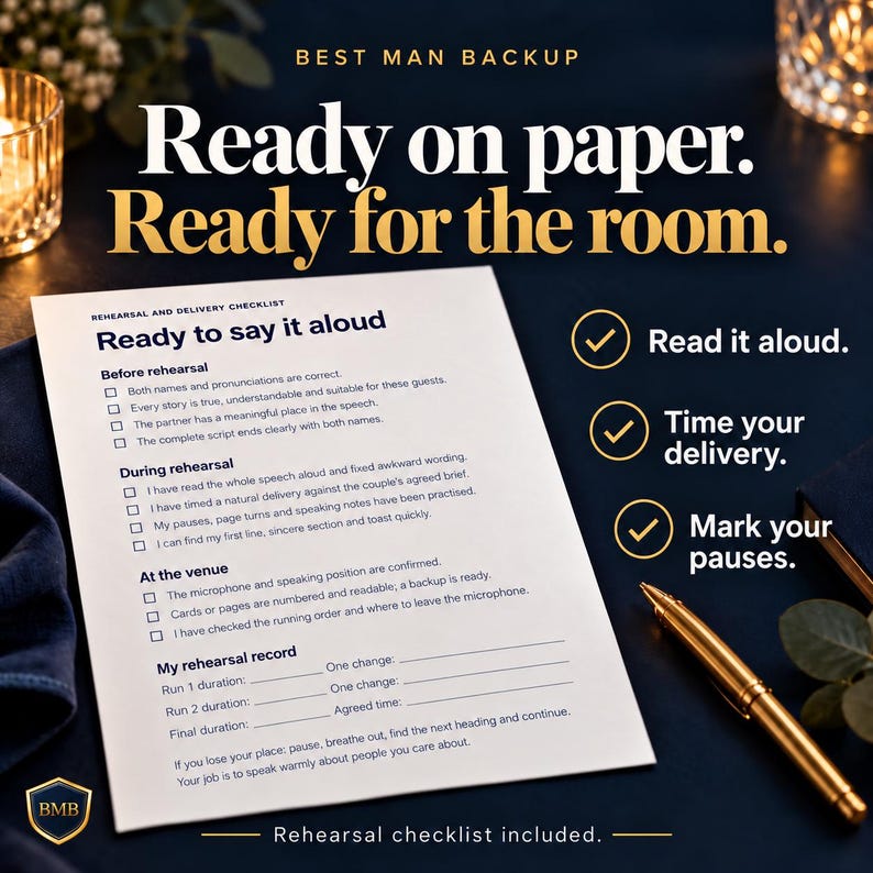 Op de afbeelding: Een wit blad met een repetitie- en leveringschecklist getiteld Ready to say it aloud met secties voor voorbereiding, uitvoering en locatie. Een gouden pen ligt naast het papier op een donkerblauw oppervlak.