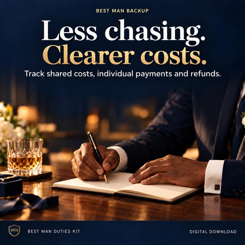 May include: A digital download titled Best Man Backup featuring the text Less chasing. Clearer costs. Track shared costs, individual payments and refunds. A person in a dark suit writes in a notebook with a pen near a glass of amber liquid.