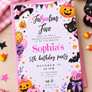 May include: A rectangular birthday party invitation card featuring a light purple background with illustrations of a ghost, a black cat, a bat, and pumpkins. The text reads "FaBoolous Five", "Sophia's 5th birthday party", and event details.