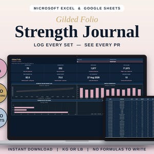 Może przedstawiać: Cyfrowy szablon dziennika treningowego dla Microsoft Excel i Google Sheets wyświetlony na ekranie laptopa i tabletu. Interfejs posiada ciemnoniebieskie tła z różowymi wykresami danych, tabelami i metrykami do śledzenia postępów.