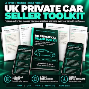 May include: A UK Private Car Seller Toolkit featuring a 10-page A4 printable planner and a 2-page mobile quick check. The documents display checklists for vehicle preparation, viewing, and handover, with text including "UK PRIVATE CAR SELLER TOOLKIT".