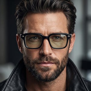 Puede incluir: Gafas rectangulares negras con montura gruesa y detalles metálicos plateados en las bisagras. Los cristales tienen un sutil tono amarillento. Las gafas presentan un puente clásico y las lleva una persona de pelo oscuro y barba.