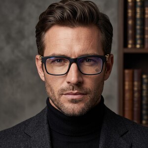 May include: Black rectangular eyeglasses with gold-toned metal accents on the hinges. The frames feature a smooth matte finish and clear lenses. The design includes a subtle circular emblem on the right lens and a structured bridge.