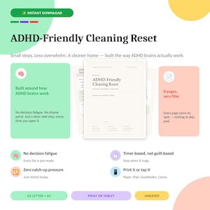 May include: A digital ADHD-Friendly Cleaning Reset planner featuring eight pages of checklists. The document includes text headers, bullet points, and icons for task management. It is designed for use on paper, iPad, GoodNotes, or Canva in US Letter and A4 sizes.