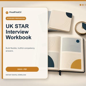 May include: A digital product listing for a UK STAR Interview Workbook, featuring a white cover with dark blue text, an open notebook with geometric shapes, a stack of square cards, a round clock, and a dark blue pen on a light background.