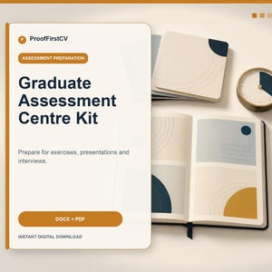May include: A digital Graduate Assessment Centre Kit by ProofFirstCV featuring a document cover with orange accents, a stack of square cards, an open notebook with geometric shapes, a circular clock, and a dark blue pen on a light background.