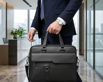 Laptoptas van echt leer, zwarte messengerbag voor op kantoor, werktas