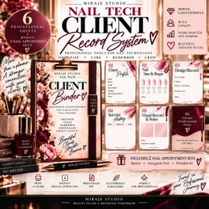 May include: A Miraje Studio nail tech client record system featuring a binder, a pen, and six professional sheets. The sheets include client profile, nail size and shape, design record, service history, visual record, and private professional notes.