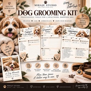 May include: A digital dog grooming kit featuring printable forms including a Today's Care Report, Groomer's Notes, and Grooming Journey. The set includes bonus photo frames, professional tools, and guides for dog care, all presented with a puppy theme.
