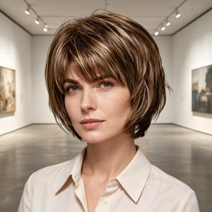 Customized labels,Brown Highlighted Short Bob Wig with Bangs, Heat Resistant Synthetic Hair,Layered Textured Wig for Women,Natural Daily Wig