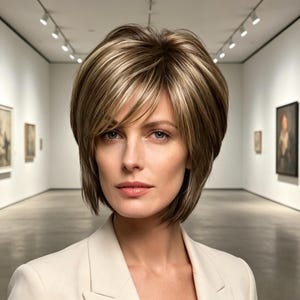 Customized labels,Short Layered Brown Highlighted Bob Wig with Bangs, Heat Resistant Synthetic Hair Wig for Women, Natural Face Framing Wig