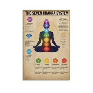 May include: A poster titled THE SEVEN CHAKRA SYSTEM featuring a silhouette of a person in a seated meditation pose. Seven colored circular chakra symbols are aligned vertically along the spine, with detailed text descriptions for each.