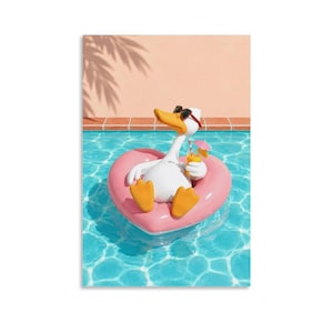 May include: A white cartoon duck wearing dark sunglasses floats in a swimming pool on a pink heart-shaped inflatable ring. The duck holds a yellow drink with a red and white striped straw and a small pink umbrella, set against a peach wall.