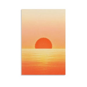 Könnte beinhalten: Ein rechteckiger Wandkunstdruck mit einer minimalistischen Illustration einer leuchtend orangefarbenen Sonne, die über einem ruhigen, texturierten Meer untergeht. Der Himmel verläuft von einem blassen Creme oben zu einem warmen Pfirsichton.