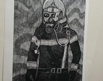 Woodcut "Firefighter" 60x80, 2024