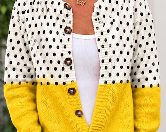 Cárdigan de punto vintage para mujer, suéter con botones delanteros de estampado floral y de lunares