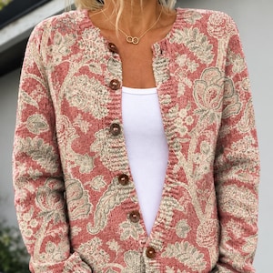 Gemütlicher Damen-Strickcardigan – Lässige Winterjacke mit Knopfleiste, Blumenmuster und Vintage-Look