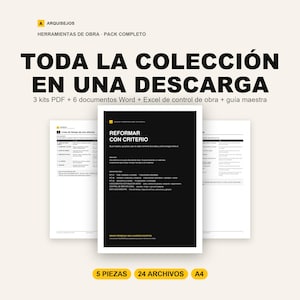 May include: A digital construction management document collection titled ARQUISEJOS HERRAMIENTAS DE OBRA PACK COMPLETO. It includes 3 PDF kits, 6 Word documents, an Excel control sheet, and a master guide, totaling 24 A4 files in 5 distinct pieces.