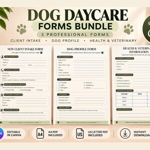 Könnte beinhalten: Ein digitales Bündel aus drei Hunde-Tagesstätten-Formularen, darunter ein Aufnahmeformular, ein Hundeprofil und Gesundheits- sowie Veterinärinformationen. Die Dokumente zeigen dunkelgrünen Text auf hellem Grund mit Pfotenabdrücken.