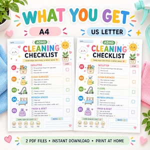 May include: Two ADHD cleaning checklists in A4 and US Letter sizes. Each features colorful headers, a sun, a plant, and five numbered sections: Declutter, Clean Surfaces, Floors, Refresh Spaces, and Finish & Reset, with checkboxes and mood icons.
