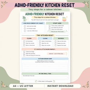 Pode incluir: Uma lista de verificação imprimível ADHD-Friendly Kitchen Reset com seções para níveis de energia, pequenas tarefas de cozinha, uma área de descarga mental e espaço para uma pequena tarefa. O documento apresenta cores pastel, caixas e texto.