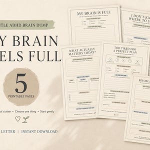 May include: A set of five printable pages titled Gentle ADHD Brain Dump, My Brain Feels Full. The pages feature structured layouts with prompts like My Brain Is Full, What Actually Matters Today, Too Tired For A Perfect Plan, and Before I Go To Sleep, designed for A4 and US Letter paper sizes.