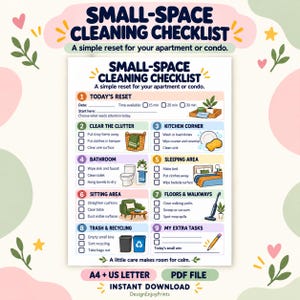 May include: A printable Small-Space Cleaning Checklist with nine sections including Today's Reset, Clear the Clutter, Kitchen Corner, Bathroom, Sleeping Area, Sitting Area, Floors & Walkways, Trash & Recycling, and My Extra Tasks with colorful icons.